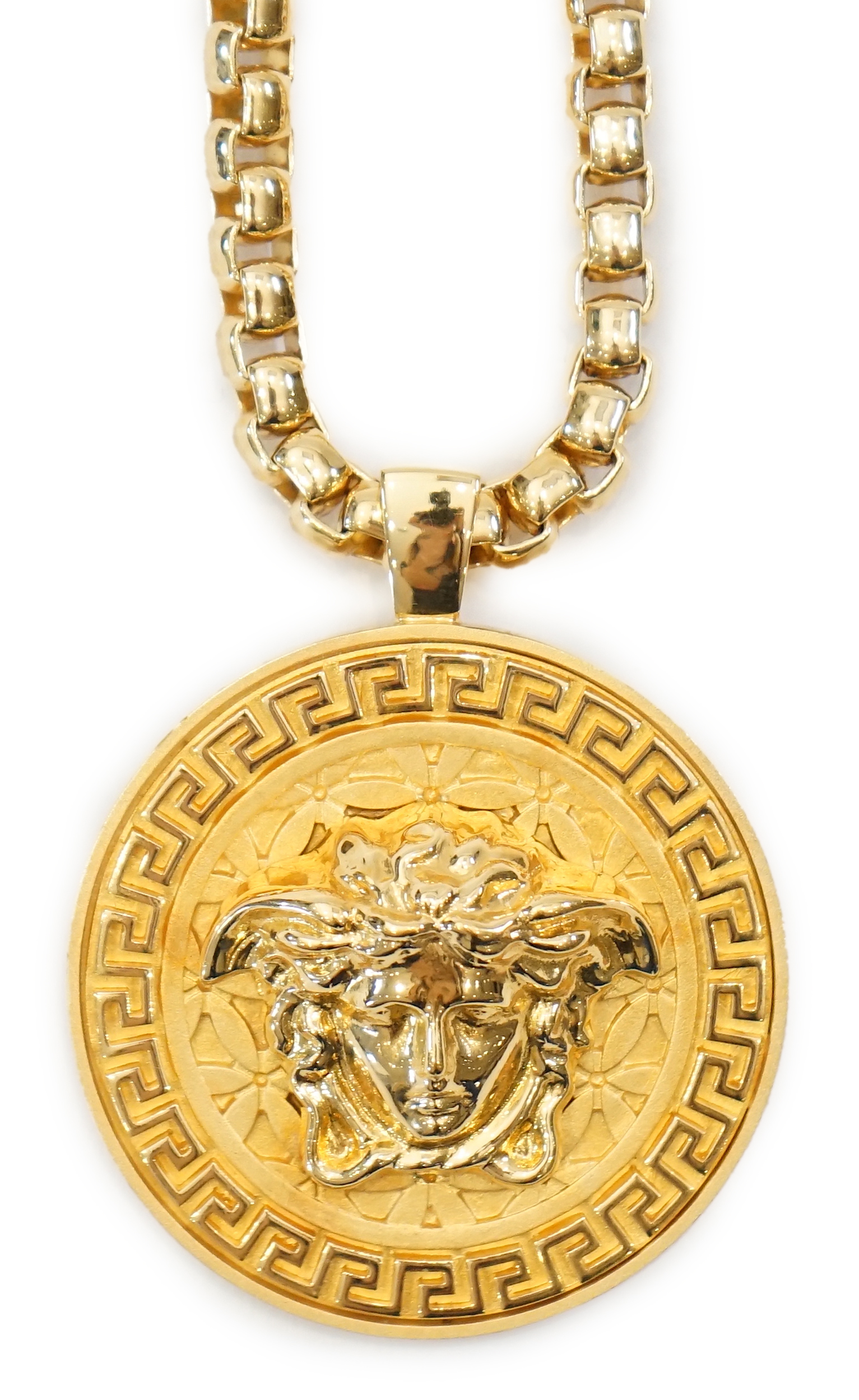 A Versace Medusa gold Greca medallion coin pendant with chunky rapper necklace, chain full length 64cm, medallion 5cm across